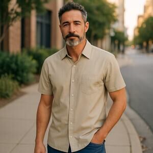 Murano Mens 100% Silk L Shirt Button Up Vacation Short Sleeve Brown Preppy